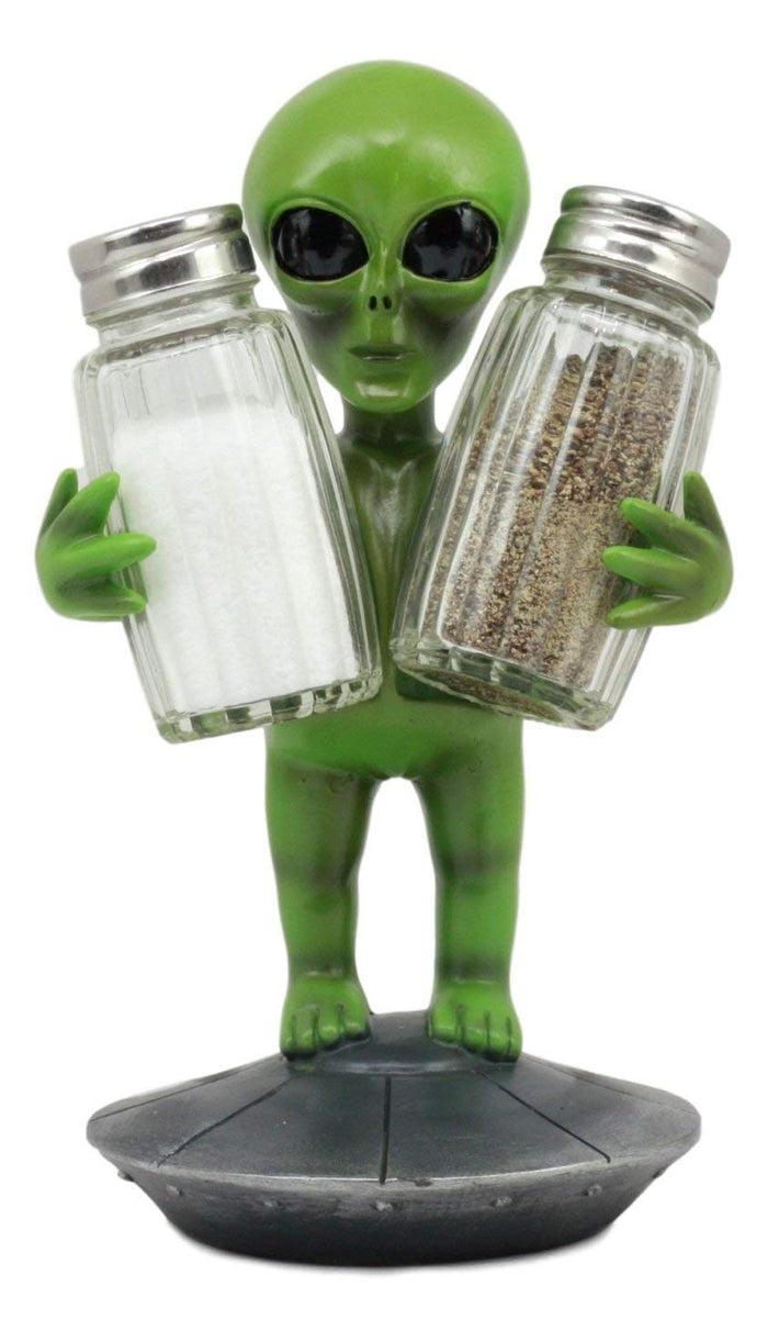 Ebros UFO Green Alien On Flying Saucer Spaceship Salt And Pepper Shakers Set