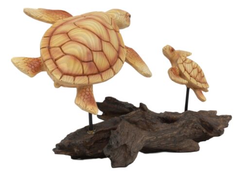 Ebros Under The Sea Mother And Baby Sea Turtle Decor Statue 10" Long Faux Wood Resin Marine Life Turtle Family Scene Figurine