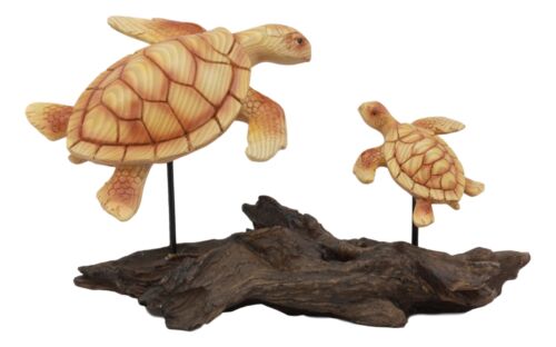 Ebros Under The Sea Mother And Baby Sea Turtle Decor Statue 10" Long Faux Wood Resin Marine Life Turtle Family Scene Figurine