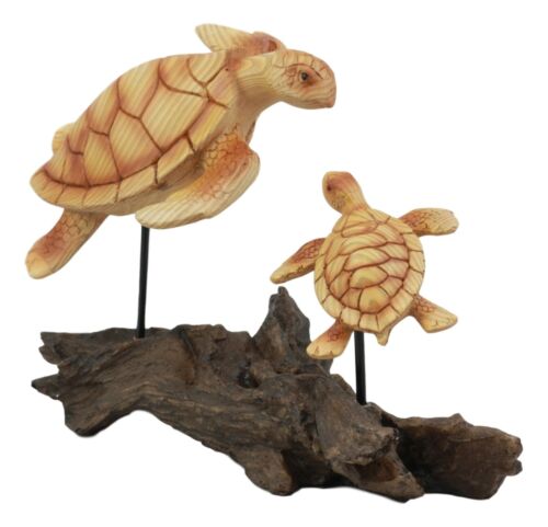 Ebros Under The Sea Mother And Baby Sea Turtle Decor Statue 10" Long Faux Wood Resin Marine Life Turtle Family Scene Figurine