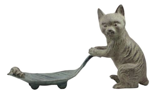 Ebros Verdi Green Aluminum Tom Cat With Mouse Pulling Leaf Bird Feeder Or Bird Bath Statue For Garden Patio Home Decor