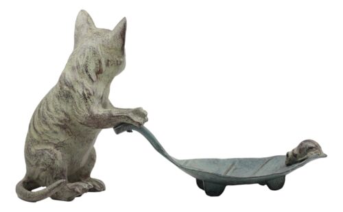 Ebros Verdi Green Aluminum Tom Cat With Mouse Pulling Leaf Bird Feeder Or Bird Bath Statue For Garden Patio Home Decor