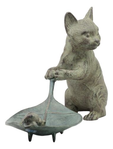 Ebros Verdi Green Aluminum Tom Cat With Mouse Pulling Leaf Bird Feeder Or Bird Bath Statue For Garden Patio Home Decor