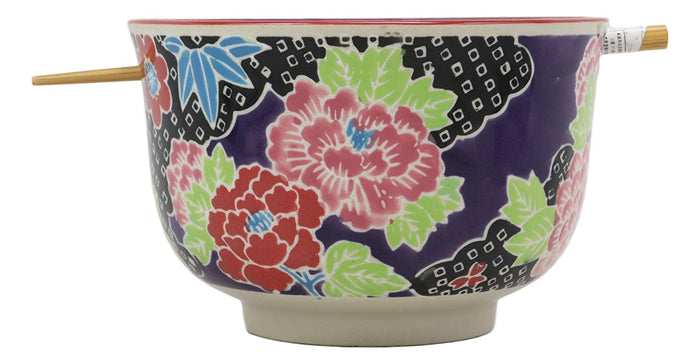 Ebros Victorian Colorful Floral Blooms Ramen Udon Noodles Large 6.25" Diameter Soup Bowl With Built In Rest And Bamboo Chopsticks Set For Rice Pasta Salad