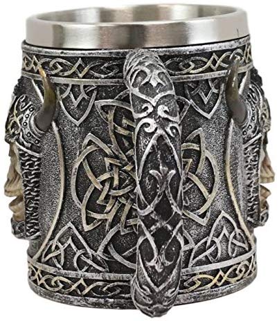 Ebros Viking Skull With Bison Horned Helmet Drinking Mug 24oz W/ Celtic Pattern