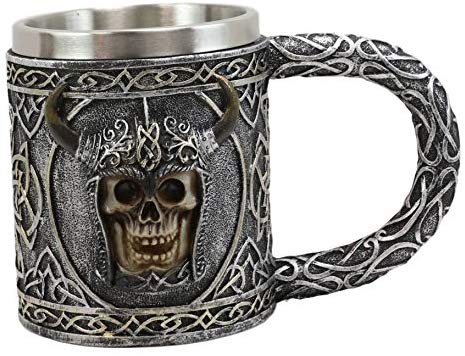 Ebros Viking Skull With Bison Horned Helmet Drinking Mug 24oz W/ Celtic Pattern