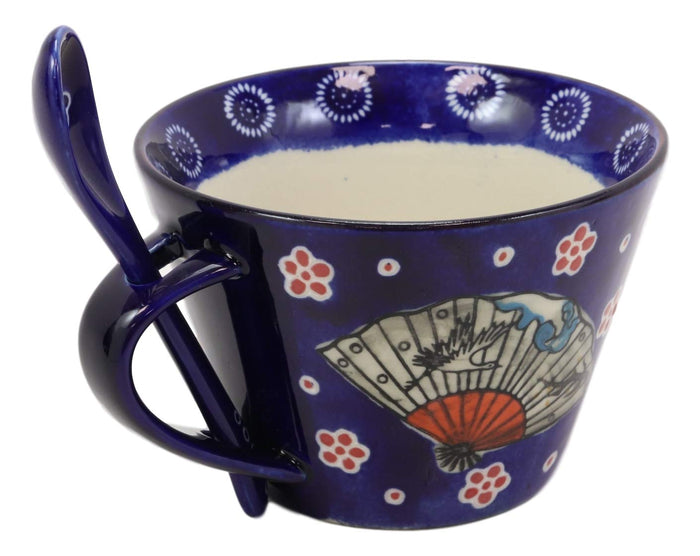 Ebros Vintage Stylish Porcelain Coffee Tea Latte Cafe Mug Cereal Drink Cup With Spoon 2pc Set 12oz Home Kitchen Decorative Mugs Cups Ceramics (Blue Oriental Fan 1) (One Set)