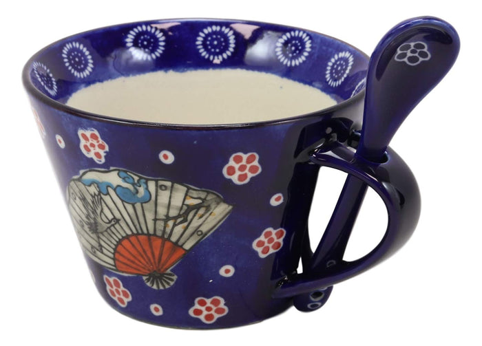 Ebros Vintage Stylish Porcelain Coffee Tea Latte Cafe Mug Cereal Drink Cup With Spoon 2pc Set 12oz Home Kitchen Decorative Mugs Cups Ceramics (Blue Oriental Fan 1) (One Set)