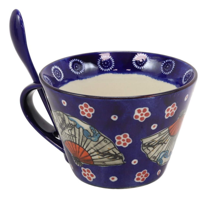 Ebros Vintage Stylish Porcelain Coffee Tea Latte Cafe Mug Cereal Drink Cup With Spoon 2pc Set 12oz Home Kitchen Decorative Mugs Cups Ceramics (Blue Oriental Fan 1) (One Set)