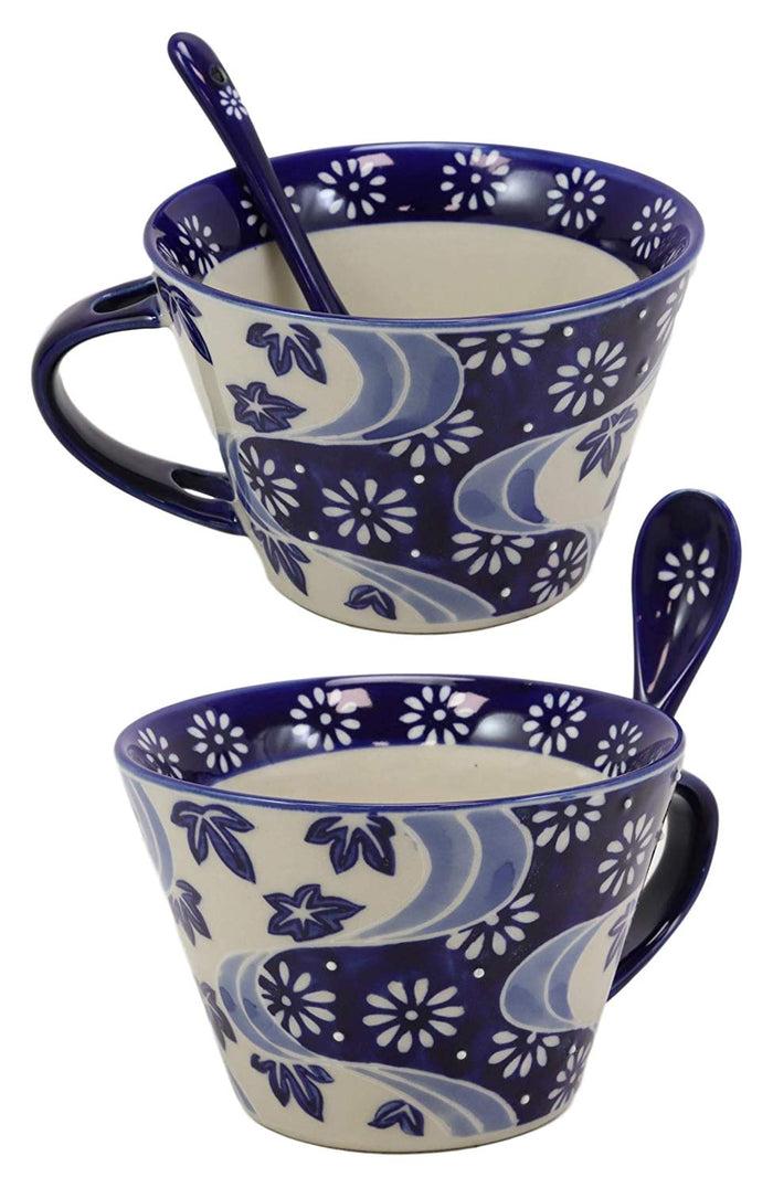 Ebros Vintage Stylish Porcelain Coffee Tea Latte Cafe Mug Cereal Drink Cup With Spoon 2pc Set 12oz Home Kitchen Decorative Mugs Cups Ceramics (Blue Chrysanthemum Breeze 2)