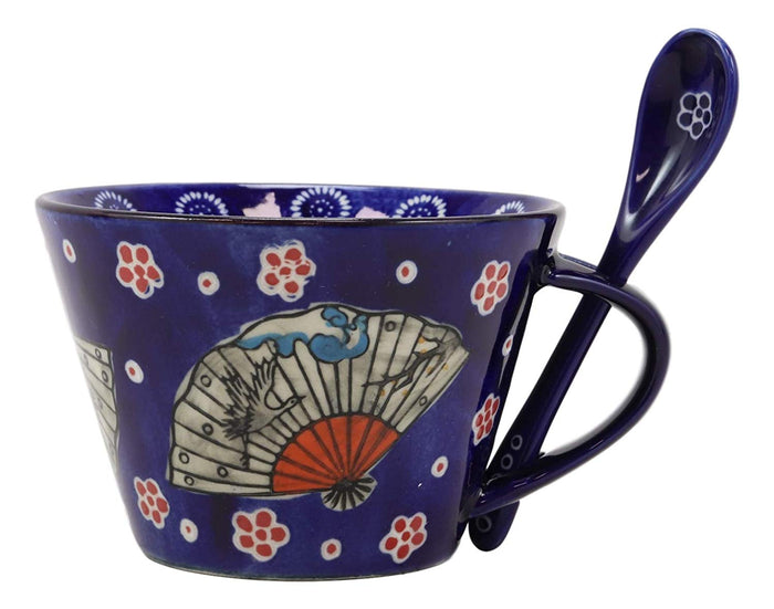 Ebros Vintage Stylish Porcelain Coffee Tea Latte Cafe Mug Cereal Drink Cup With Spoon 2pc Set 12oz Home Kitchen Decorative Mugs Cups Ceramics (Blue Oriental Fan 1) (One Set)