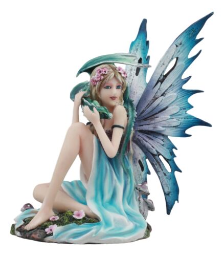 Ebros Water Elemental Fairy W/ Green Dragon Statue 7"H Whimsical Khaleesi Fairy