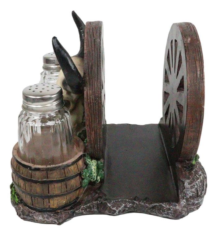 Ebros Western Bull Skull By Wheel Wagon And Barrels Salt Pepper Shakers Napkin Holder