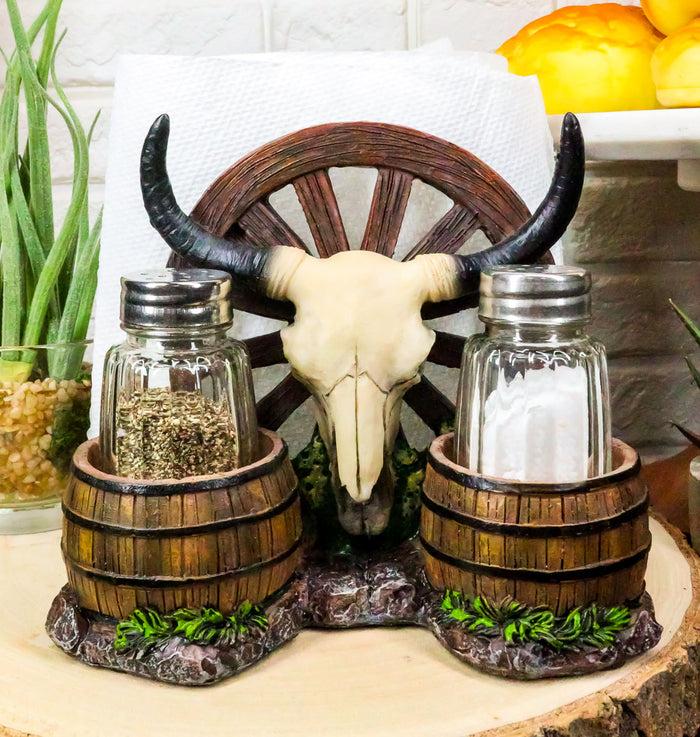 Ebros Western Bull Skull By Wheel Wagon And Barrels Salt Pepper Shakers Napkin Holder