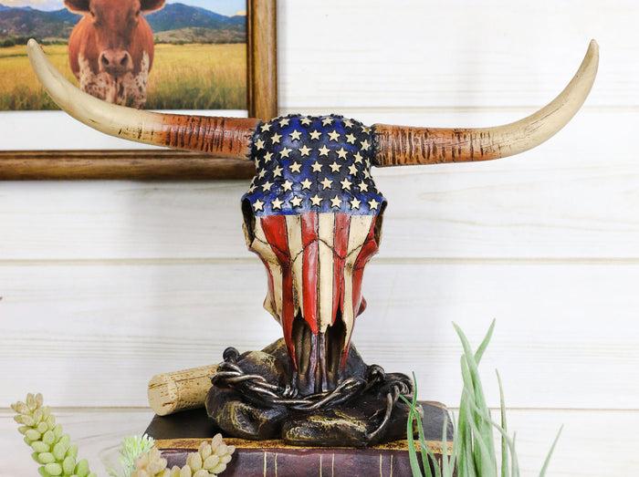 Ebros Western Patriotic American Flag Texas Longhorn Bull Steer Skull Desktop Figurine