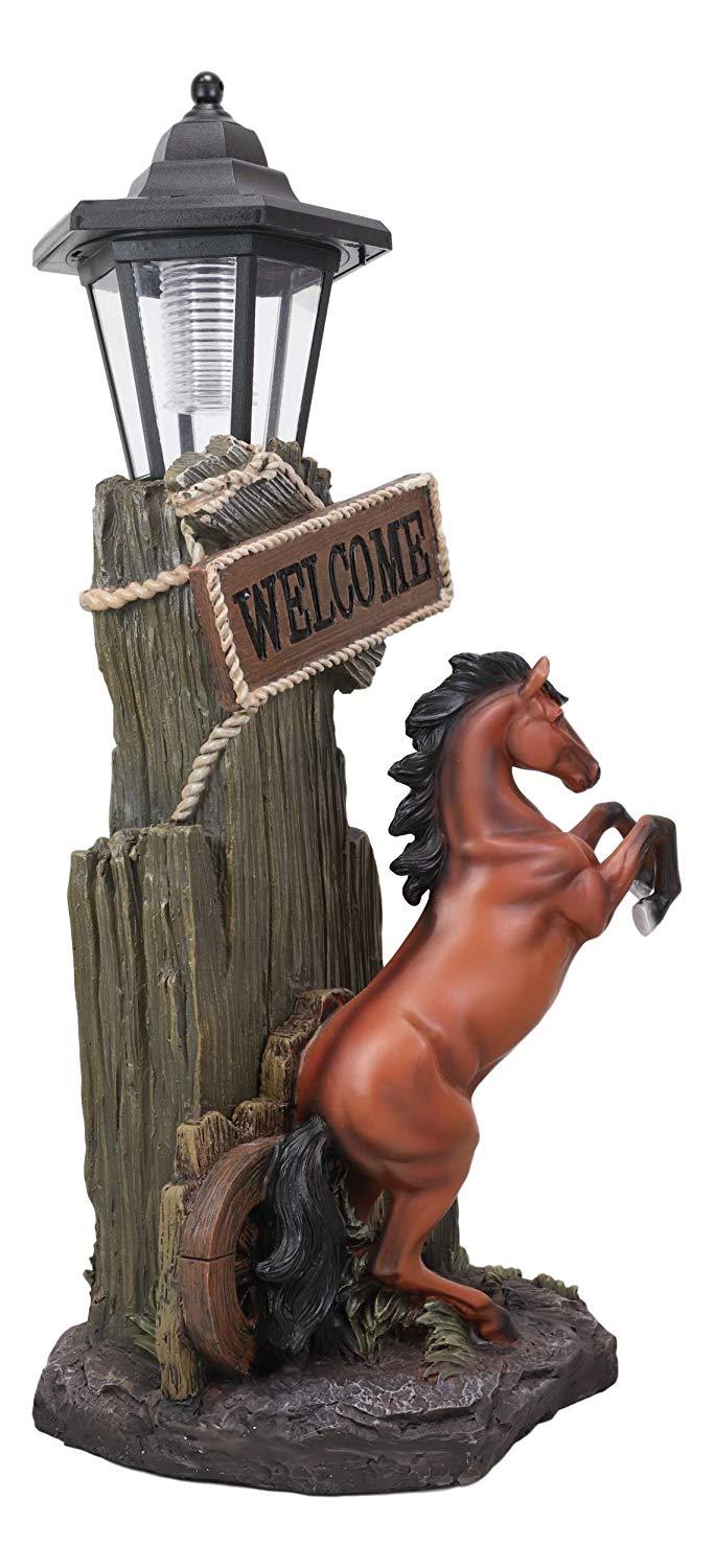 Ebros Western Rearing Horse With Welcome Sign Statue W/ Solar LED Lantern Light