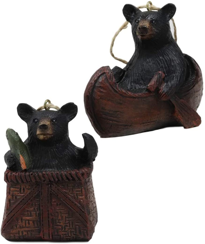 Ebros Western Set of 2 Black Bears In Canoe & Basket Christmas Ornament
