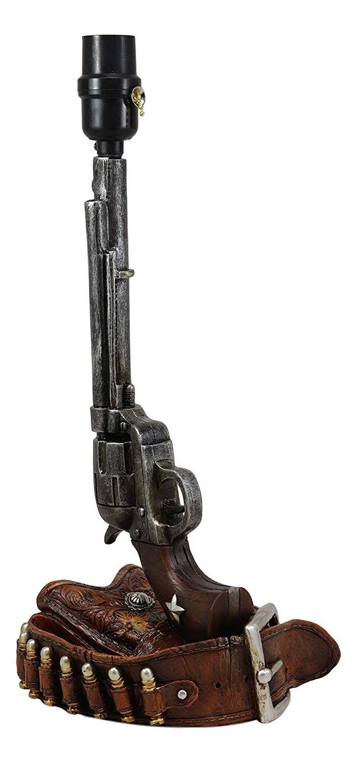Ebros Western Six Shooter Revolver Gun With Holster And Ammo Belt Base Desktop Bedside Table Lamp With Shade 20.5"Tall Country Cowboy Rustic Home Decor Accent