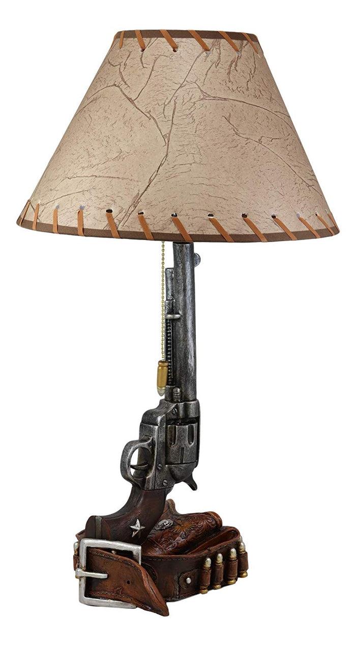 Ebros Western Six Shooter Revolver Gun With Holster And Ammo Belt Base Desktop Bedside Table Lamp With Shade 20.5"Tall Country Cowboy Rustic Home Decor Accent