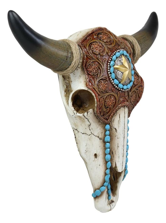 Ebros Western Star Tooled Leather Steer Bison Buffalo Bull Cow Horned Skull Wall Decor