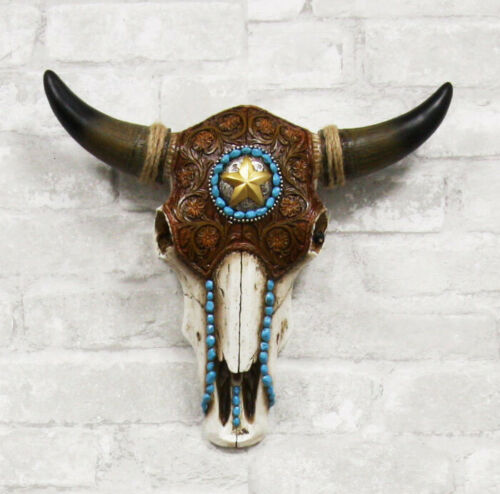 Ebros Western Star Tooled Leather Steer Bison Buffalo Bull Cow Horned Skull Wall Decor