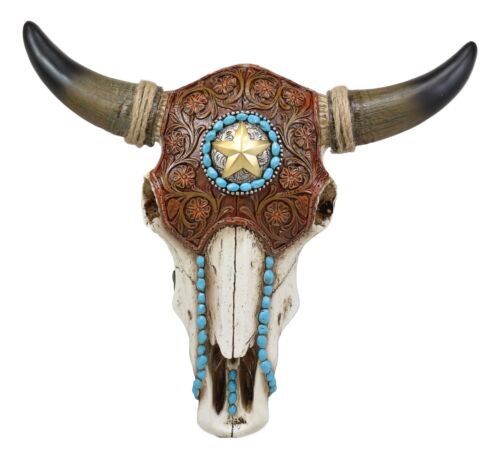 Ebros Western Star Tooled Leather Steer Bison Buffalo Bull Cow Horned Skull Wall Decor