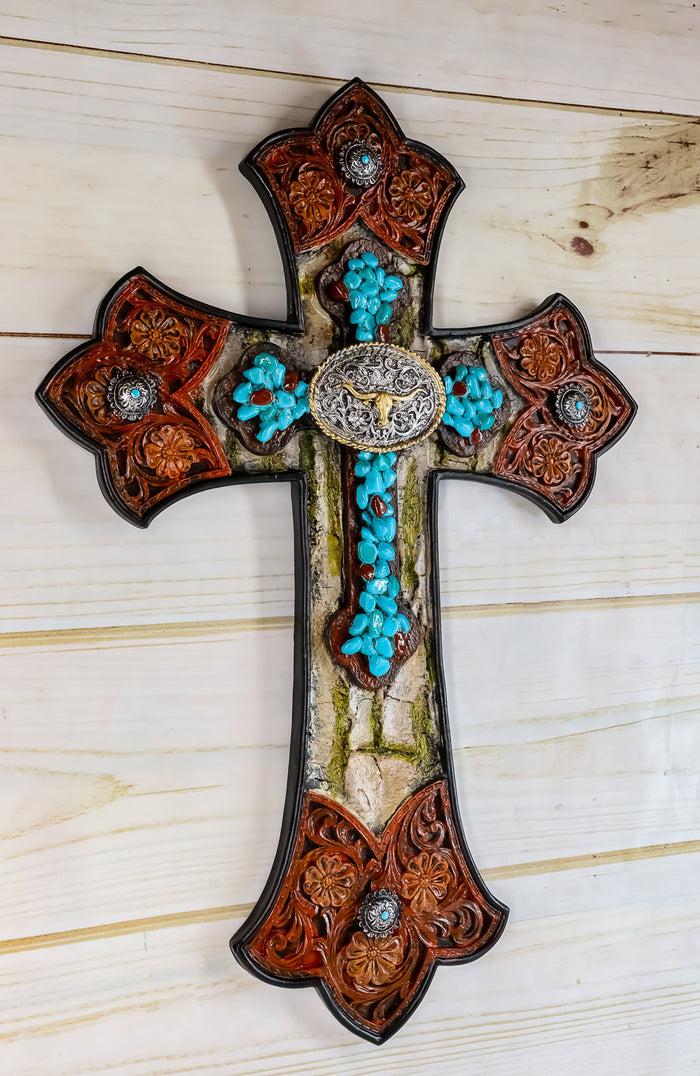 Ebros Western Turquoise Rocks Longhorn Concho Tooled Leather Finish Wall Cross