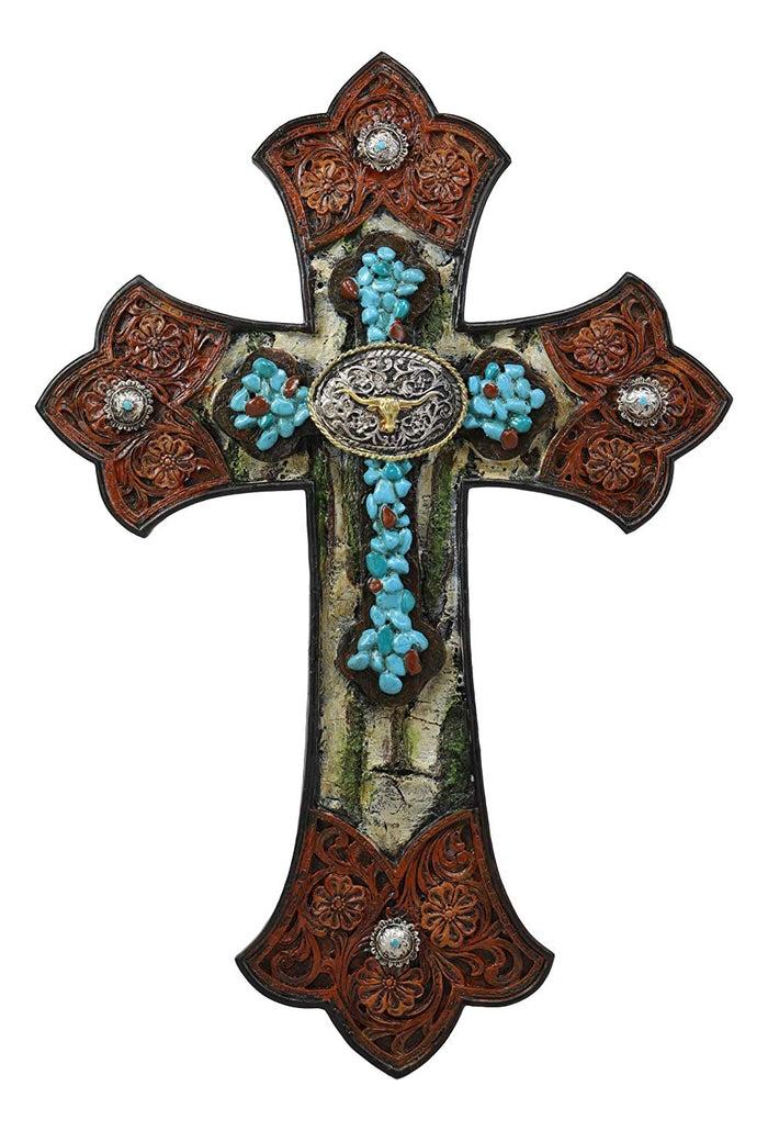 Ebros Western Turquoise Rocks Longhorn Concho Tooled Leather Finish Wall Cross