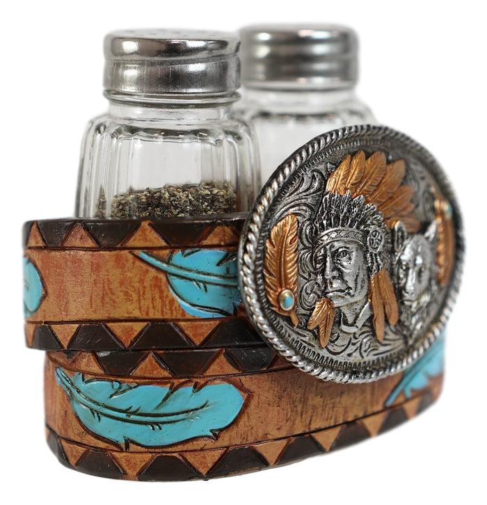 Ebros Western Turquoise Sun & Floral Lace On Belt Buckle Salt Pepper Shakers Set