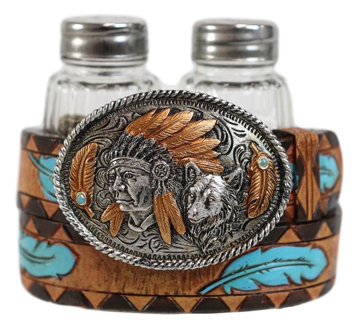 Ebros Western Turquoise Sun & Floral Lace On Belt Buckle Salt Pepper Shakers Set
