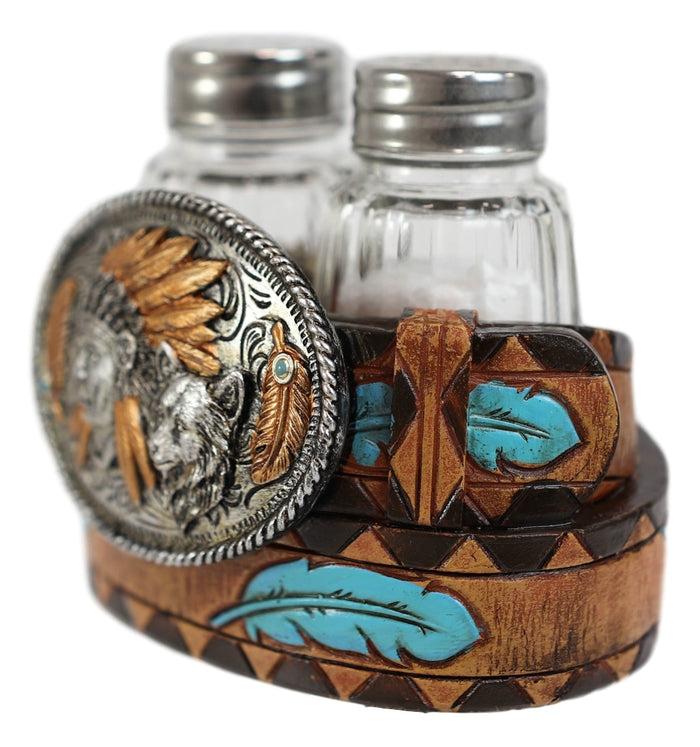 Ebros Western Turquoise Sun & Floral Lace On Belt Buckle Salt Pepper Shakers Set