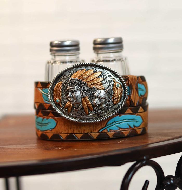 Ebros Western Turquoise Sun & Floral Lace On Belt Buckle Salt Pepper Shakers Set