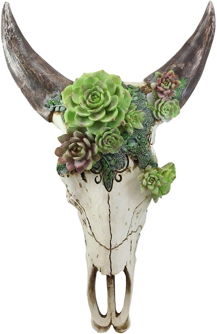 Ebros Western Vintage Aged Faux Taxidermy Wildlife Horned Game Animal Skull Head With Painted Flowering Succulents Wall Mount Decor 3D Replica Skulls Hanging Plaque Sculpture (Steer Bison Buffalo Cow)