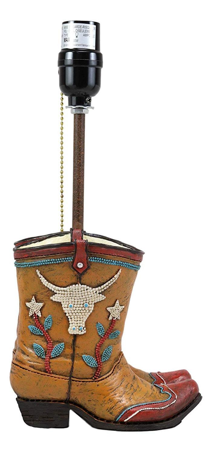 Ebros Western Vintage Cowboy Cowgirl Pair Of Boots With Bejeweled Steer Cow Design Desktop Side Table Lamp 18.5"Tall Rustic Country Southwestern Bedside Home Accent Lighting Decor