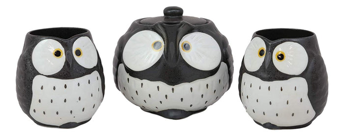 Ebros Whimsical Black Fat Spotted Owl Ceramic 16oz Tea Pot With 2 Cups Set Owls Decor