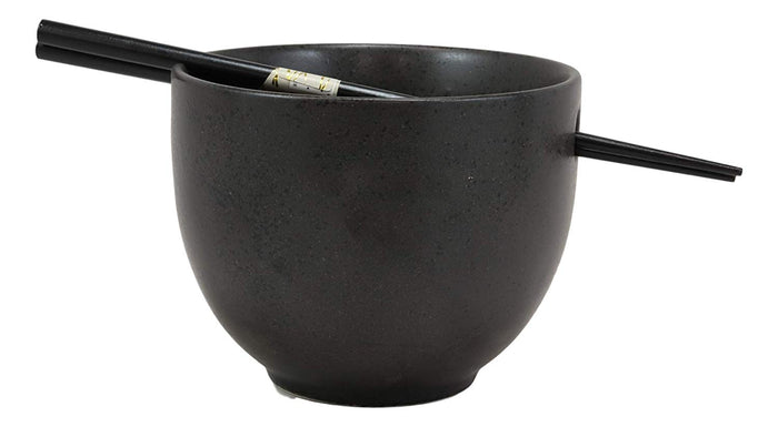 Ebros Whimsical Ceramic Black Lucky Meow Cat Ramen Noodle Bowl & Chopsticks Set