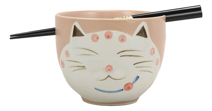 Ebros Whimsical Ceramic Pink Lucky Meow Cat Ramen Noodle Bowl And Chopsticks Set
