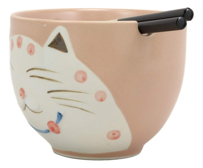 Ebros Whimsical Ceramic Pink Lucky Meow Cat Ramen Noodle Bowl And Chopsticks Set