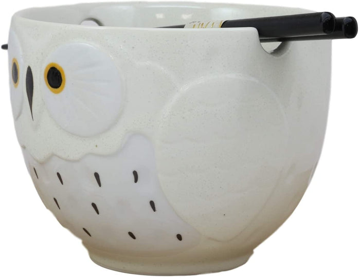 Ebros Whimsical Ceramic White And Black Owl Ramen Bowl And Chopsticks Set Of 2