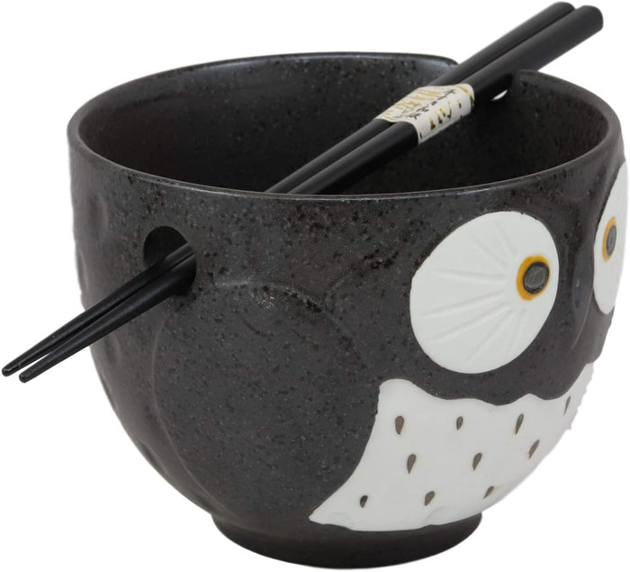 Ebros Whimsical Ceramic White And Black Owl Ramen Bowl And Chopsticks Set Of 2