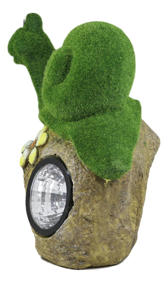 Ebros Whimsical Flocked Grass Snail On Rock Garden Statue With Solar LED Light Decor