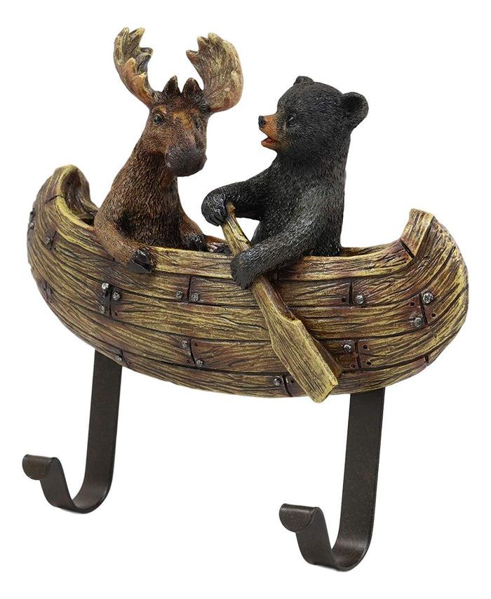 Ebros Whimsical Forest Creek Buddies Rustic Black Bear And Elk Moose Rowing Boat Canoe 2 Pegs Wall Hooks 7" Wide Hanger Wall Mount Coat Hat Keys Hook Decor