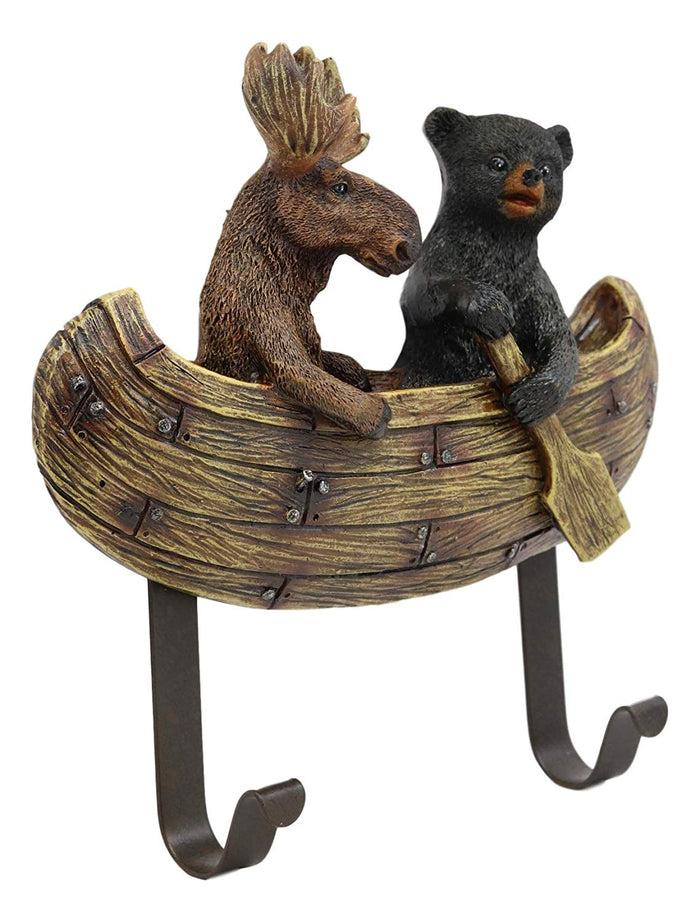 Ebros Whimsical Forest Creek Buddies Rustic Black Bear And Elk Moose Rowing Boat Canoe 2 Pegs Wall Hooks 7" Wide Hanger Wall Mount Coat Hat Keys Hook Decor