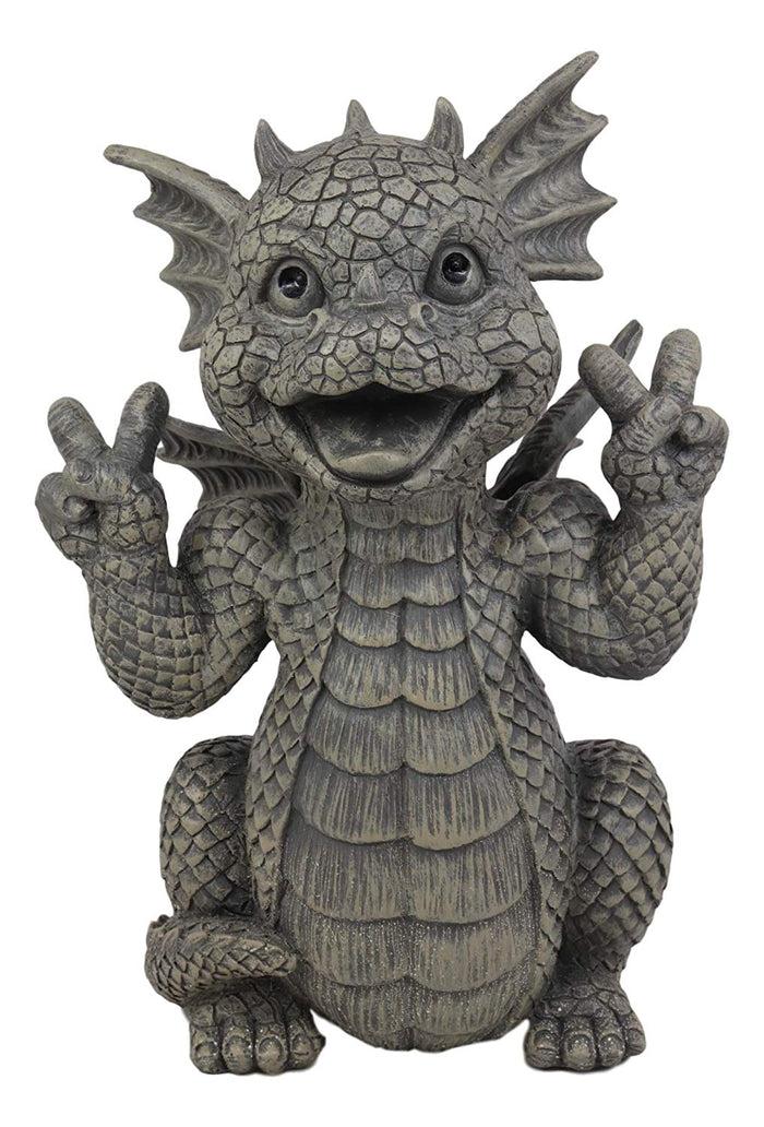 Ebros Whimsical Garden Dragon With Hippie Peace Sign Gesture Statue 10.5" Tall