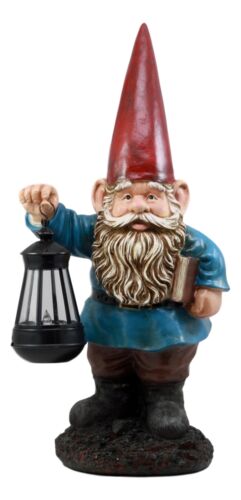 Ebros Whimsical Gnome Holding Book Of Spells Solar LED Lantern Light Statue 17"H