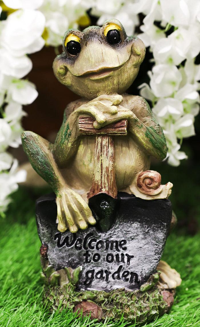 Ebros Whimsical Green Thumb Frog Toad Holding Welcome To Our Garden Shovel Figurine