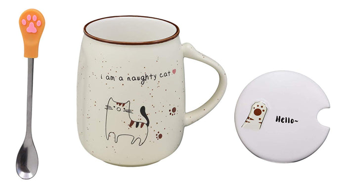 Ebros Whimsical Naughty Calico Kitty Cat Porcelain Coffee Tea Mug Drink Cup With Paw Handle Spoon And Hello Greeting Paw Print Lid 16oz Kittens Or Cats Mugs For Kids And Adults