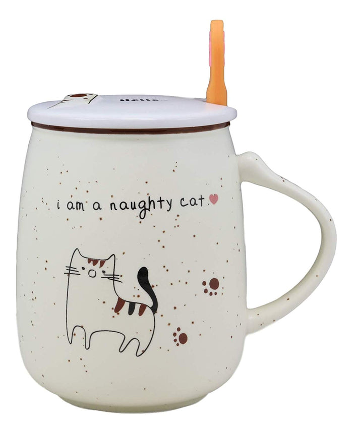 Ebros Whimsical Naughty Calico Kitty Cat Porcelain Coffee Tea Mug Drink Cup With Paw Handle Spoon And Hello Greeting Paw Print Lid 16oz Kittens Or Cats Mugs For Kids And Adults