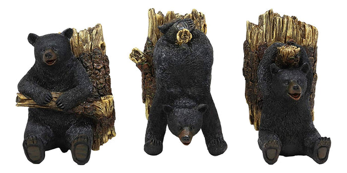 Ebros Whimsical Rustic 3 Acrobatic Black Bears Hanging On Tree Branches Wall Hooks 5.25" High Set Of 3 Hanger