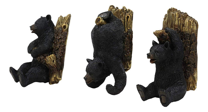 Ebros Whimsical Rustic 3 Acrobatic Black Bears Hanging On Tree Branches Wall Hooks 5.25" High Set Of 3 Hanger